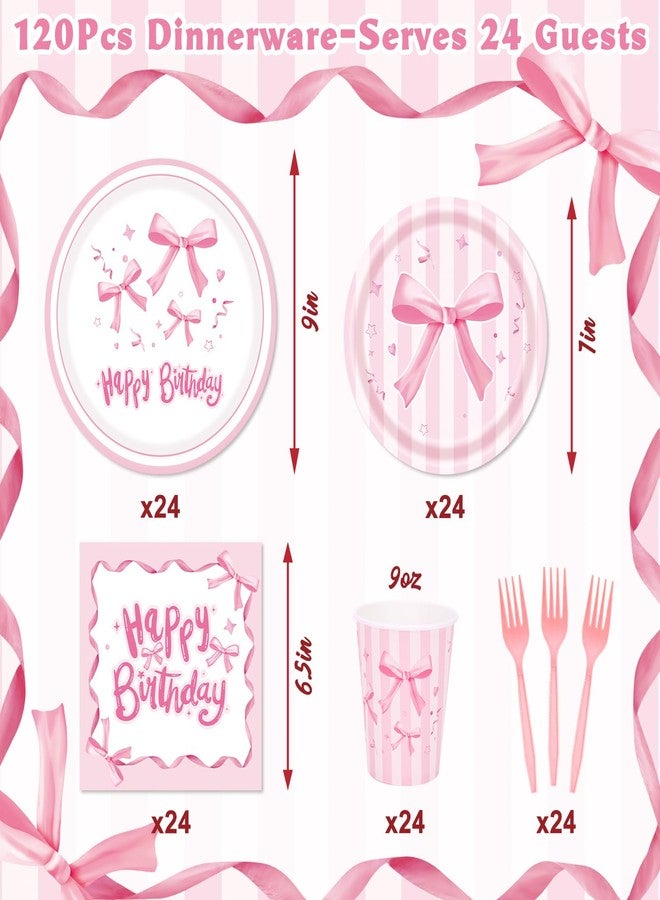 REDWORD Pink Bow Birthday Decorations, 120Pcs Bow Party Tableware Plates Napkins Cups for Pink Birthday Girls Bachelorette Party Decorations-Serves 24 - Image 2